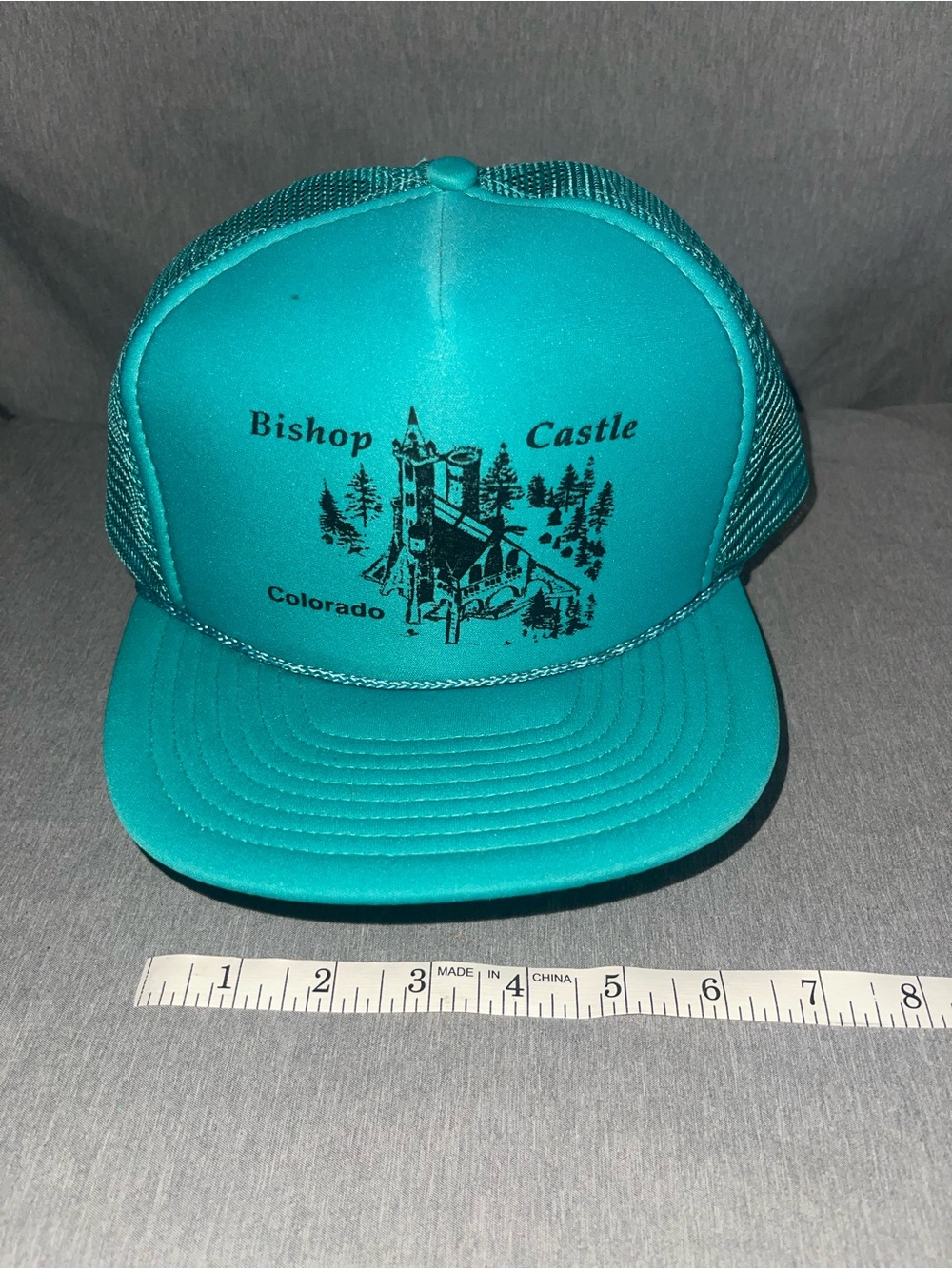 Vintage Nissin Bishop Castle Colorado Clean Foam Trucker Hat Teal 80’s Snap Rope
